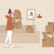 Young female character holding cardboard boxes, moving to a new apartment, relocation, home interior